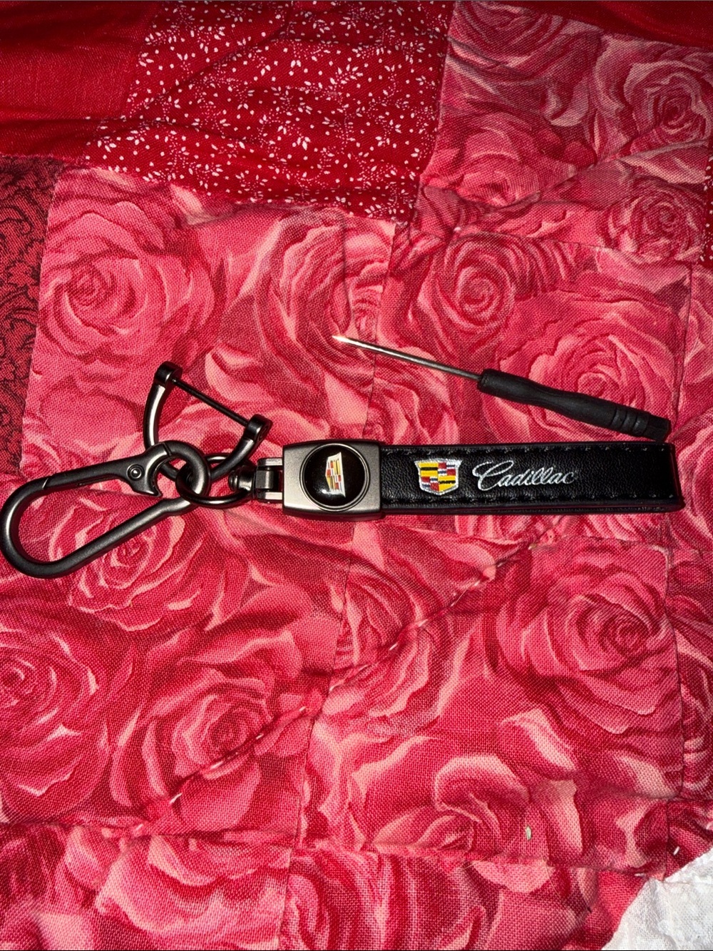New Cadillac Embroidered Black Leather Keychain with Crest